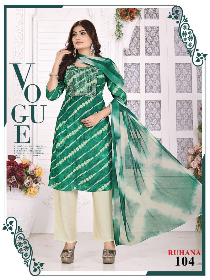 Ruhana Vol 2 By Fashion Talk Rayon Procaine Printed Kurti With Bottom Dupatta Wholesale Online
